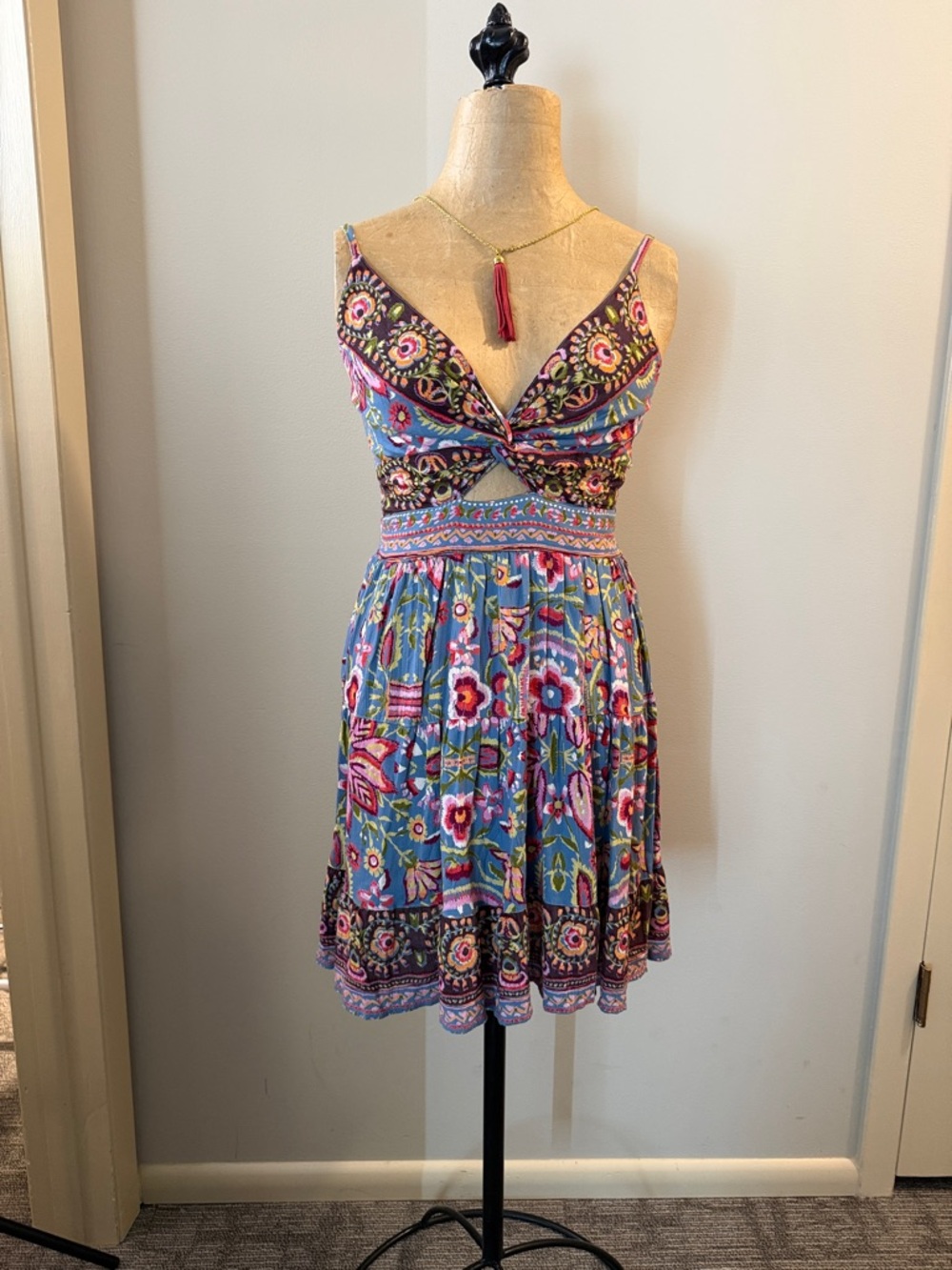 Angie Blue Floral Twist-Front Mini Dress with Pink Accents